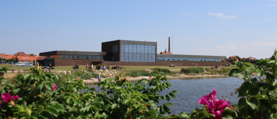 Ringkøbing-Skjern Town Hall viewed from across the lake with flowers in the foreground and people enjoying the sunny weather