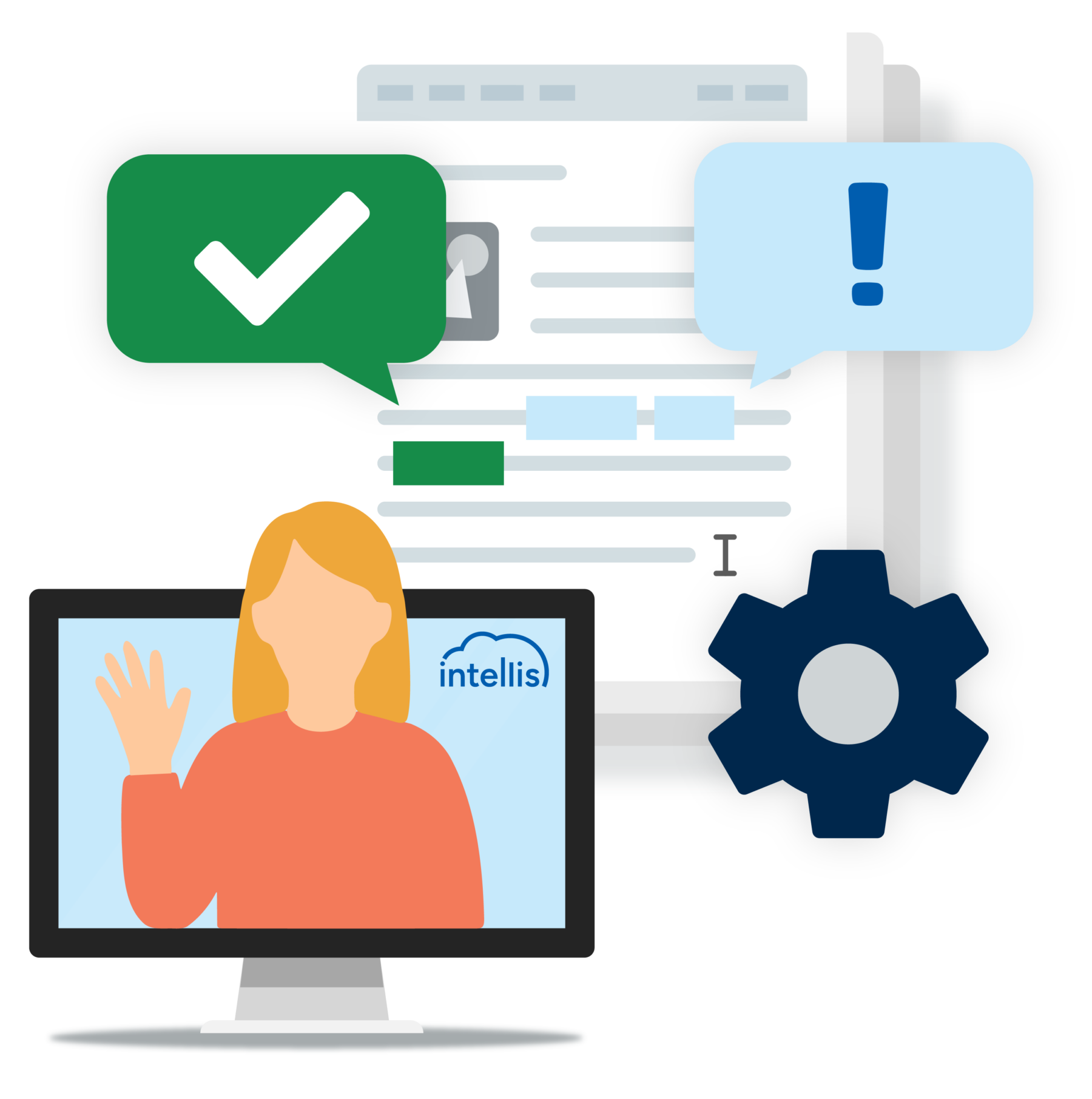 Illustration of a webinar session on the Intellis platform with virtual host, feedback icons, and digital content