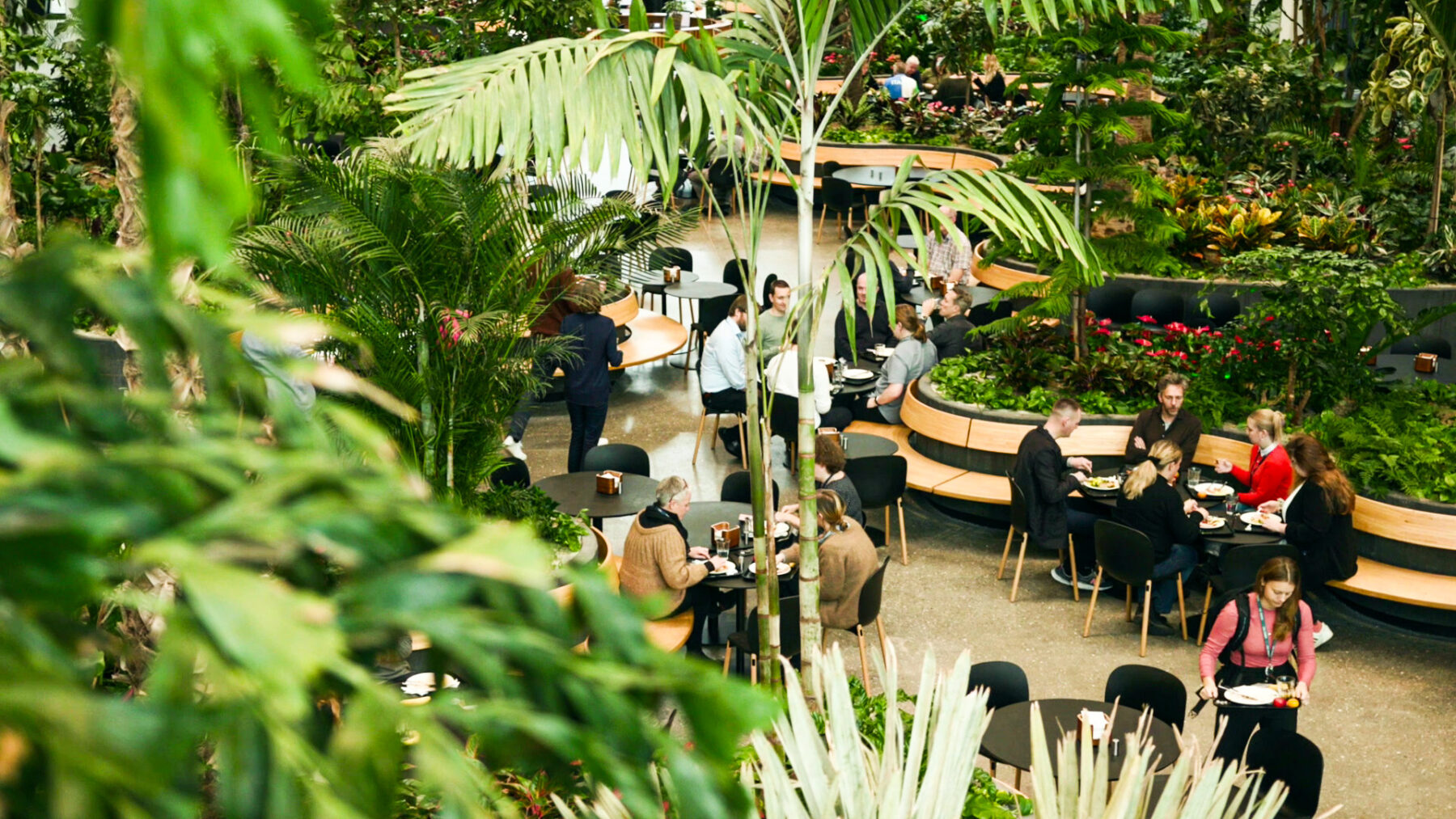 Indoor dining space surrounded by tropical plants at Copenhagen Towers