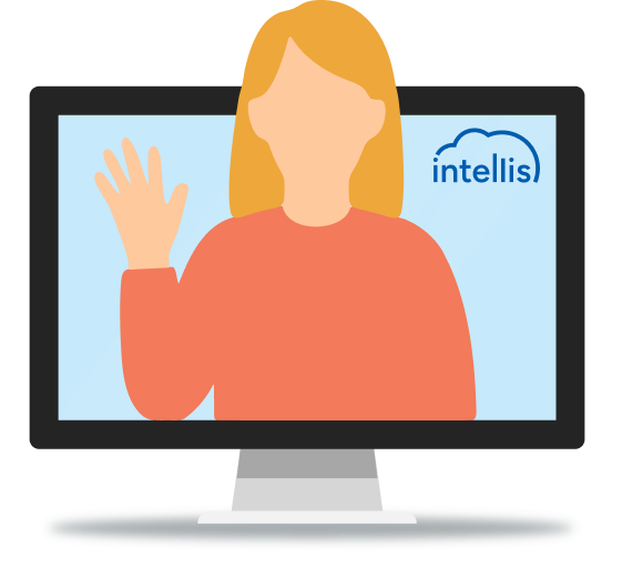 Book a demo illustration of a person waving on a computer screen with the Intellis logo.