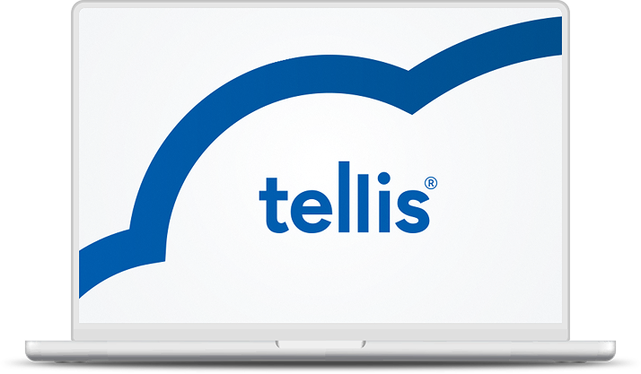 Laptop screen displaying the Tellis e-procurement platform logo with a curved blue design