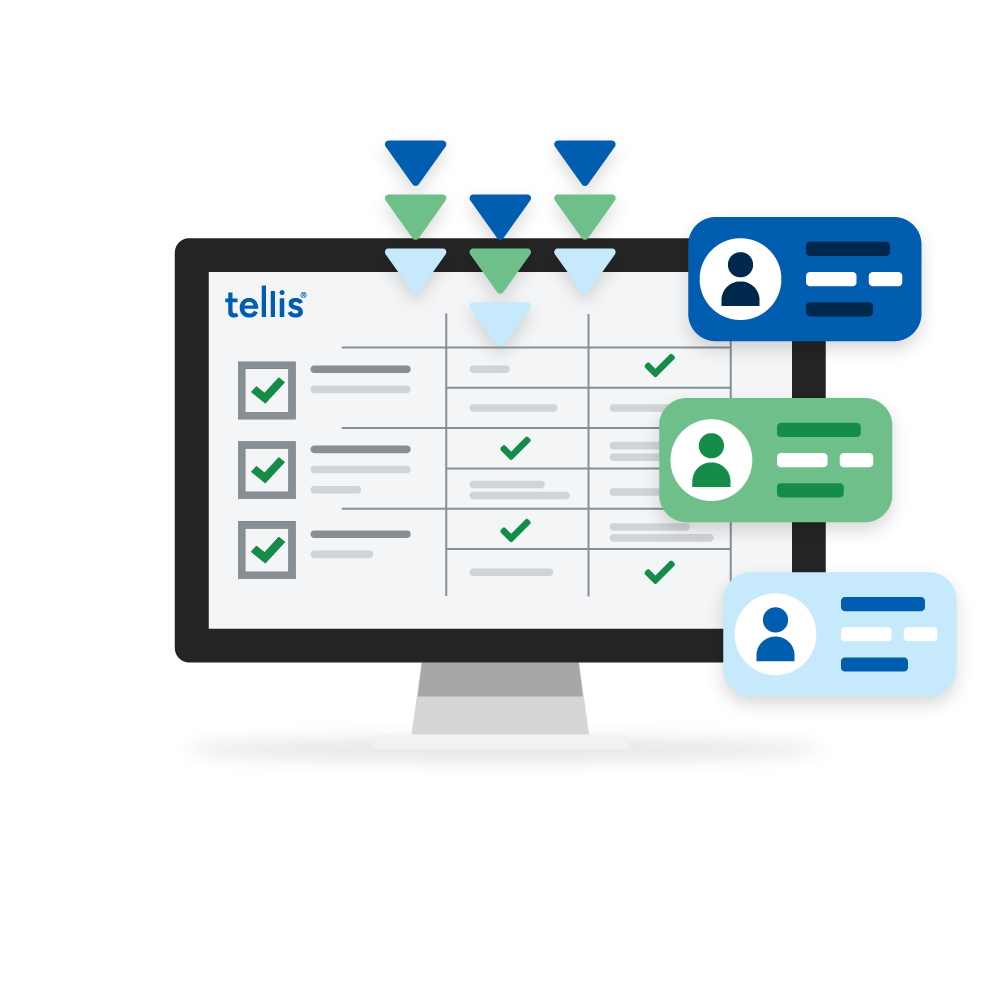 Illustration of Intellis user management interface showing structured user roles, filters, and permissions on a desktop screen.
