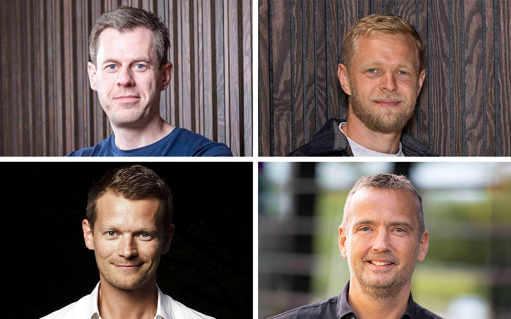 Portrait collage of the Intellis leadership team including CEO Stig Larsen, board members Kevin Magnussen and Mads Peter Veiby, and Chairman Lars Sneftrup Pedersen.