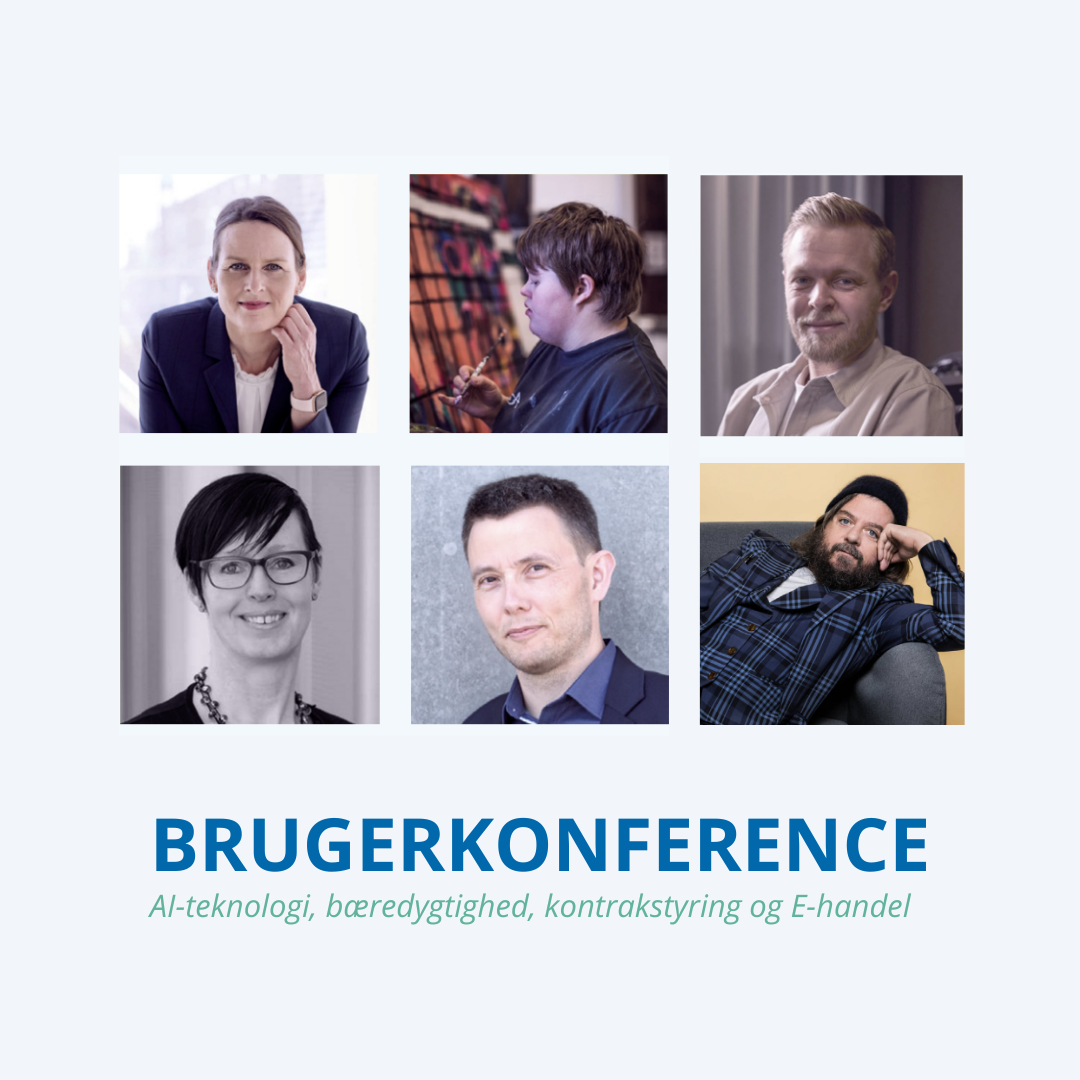 Six speaker portraits from the Bruger­konference on AI technology, sustainability, contract management and e-commerce.