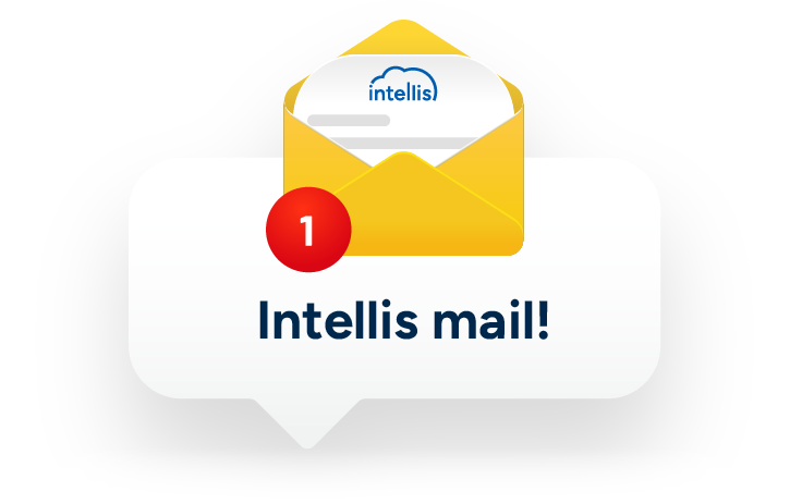 Newsletter icon showing an open yellow envelope with a notification and the text “Intellis mail!”