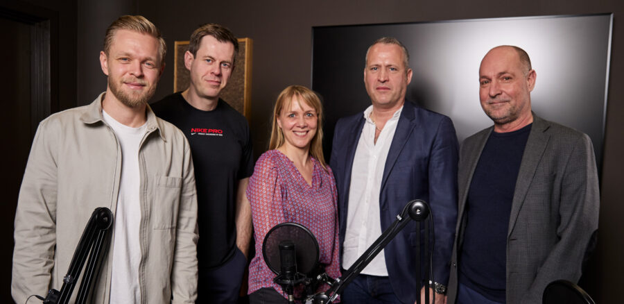 Five people, including Formula 1 driver Kevin Magnussen, gathered in a podcast studio during the first episode of Intellis Talks Tech.