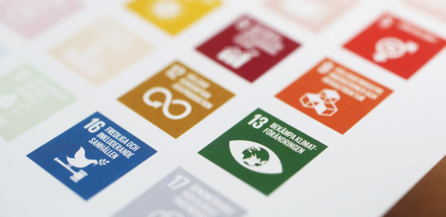 Close-up of printed United Nations Sustainable Development Goals, including Goal 13 on climate action.