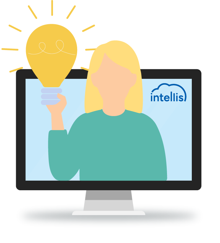 Illustration af en person på en computerskærm med en lysende pære i hånden og Intellis-logo, der symboliserer videndeling og smarte løsninger.
