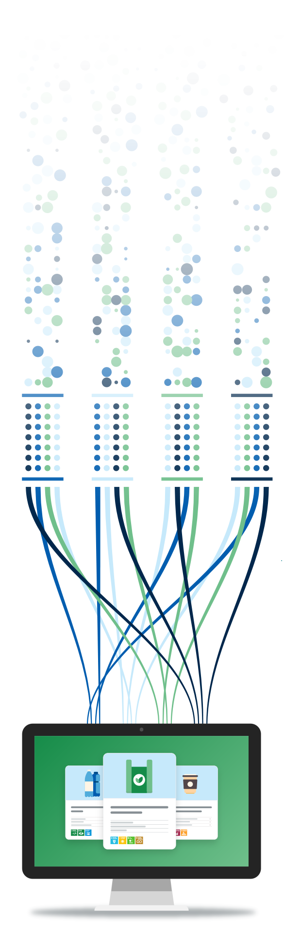 Illustration of a computer screen displaying sustainability product data cards with icons for environmental impact and UN Sustainable Development Goals.