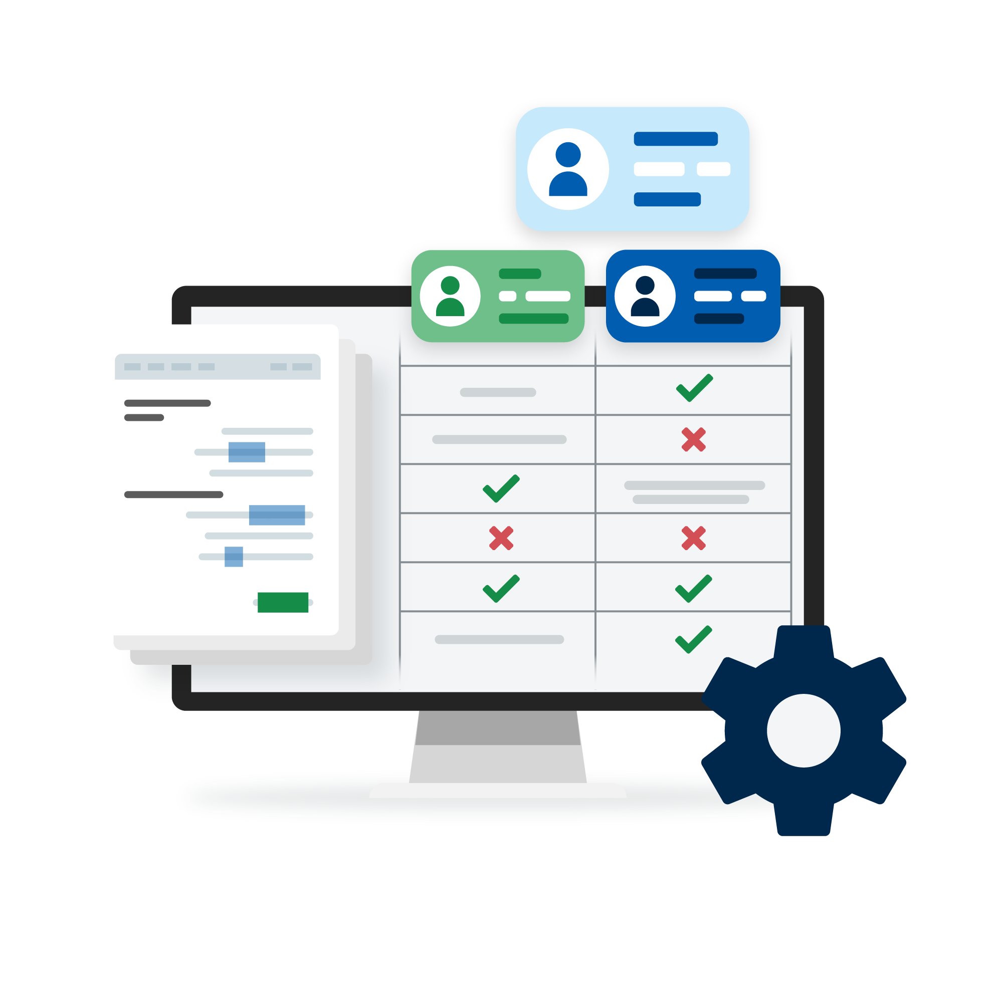 Illustration of a digital contract management dashboard showing user access rights, permissions, and status indicators.
