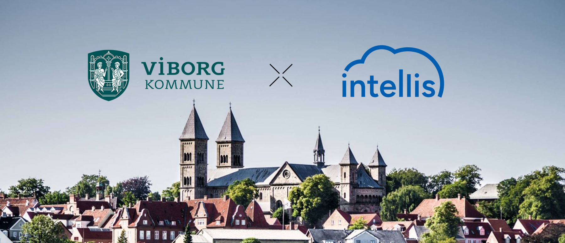 Viborg Kommune and Intellis logos on a blue city backdrop with the Viborg cathedral silhouette, announcing a webinar on digital contract management for the Danish public sector.