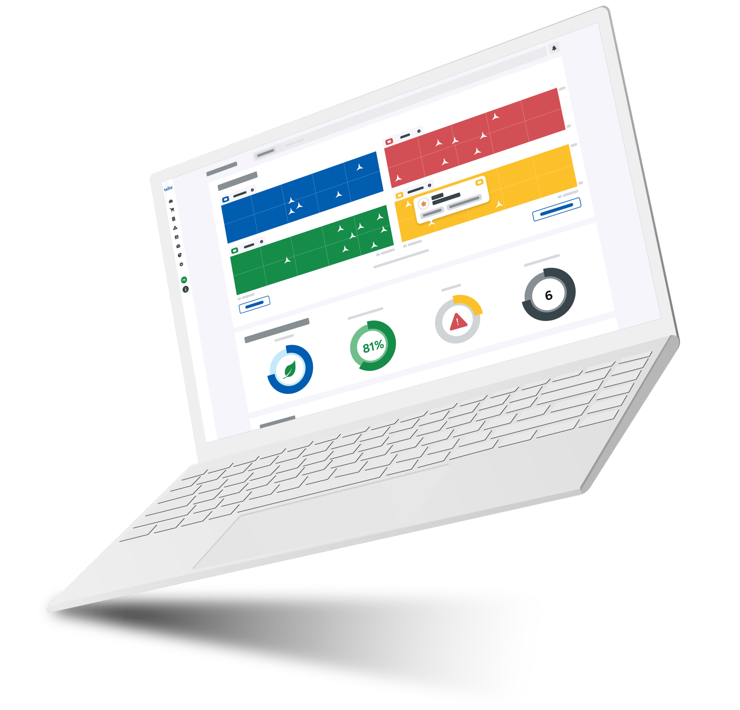 White laptop on a black background showing the Intellis web dashboard with coloured KPI tiles, line charts and circular progress indicators for contract performance, risk and sustainability.