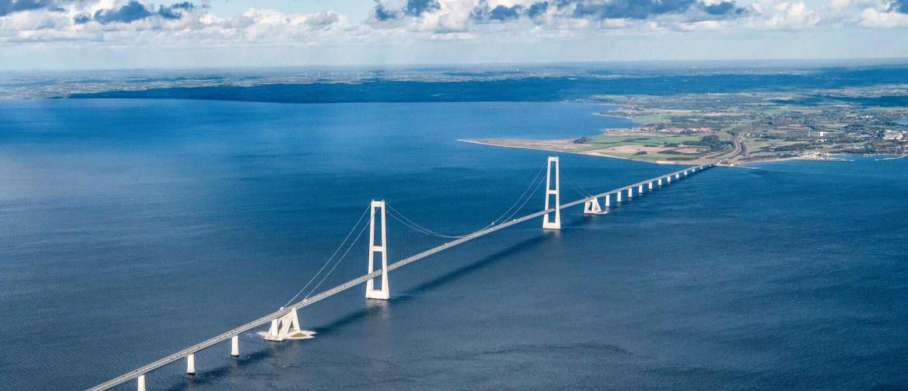 Aerial view of the Great Belt Bridge connecting Zealand and Funen across the sea in Denmark