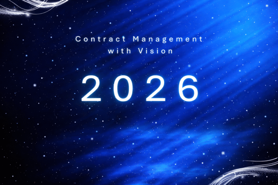 Contract Management with Vision 2026 event graphic with blue abstract background and event details for 7 May at Odd Fellow Palæet, Bredgade 28